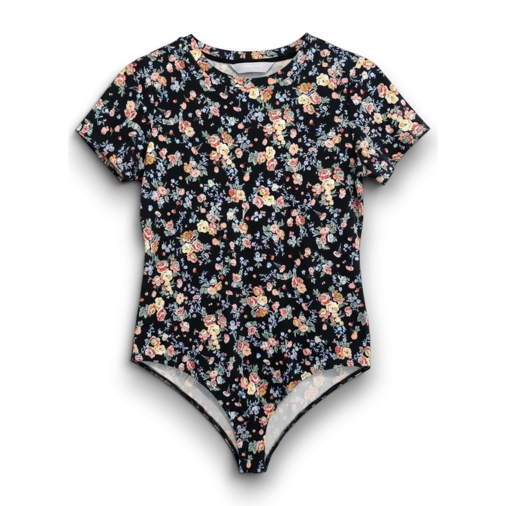 Mangopop Floral Bodysuit Women M Cottagecore Boho Romantic Feminine Calico Black